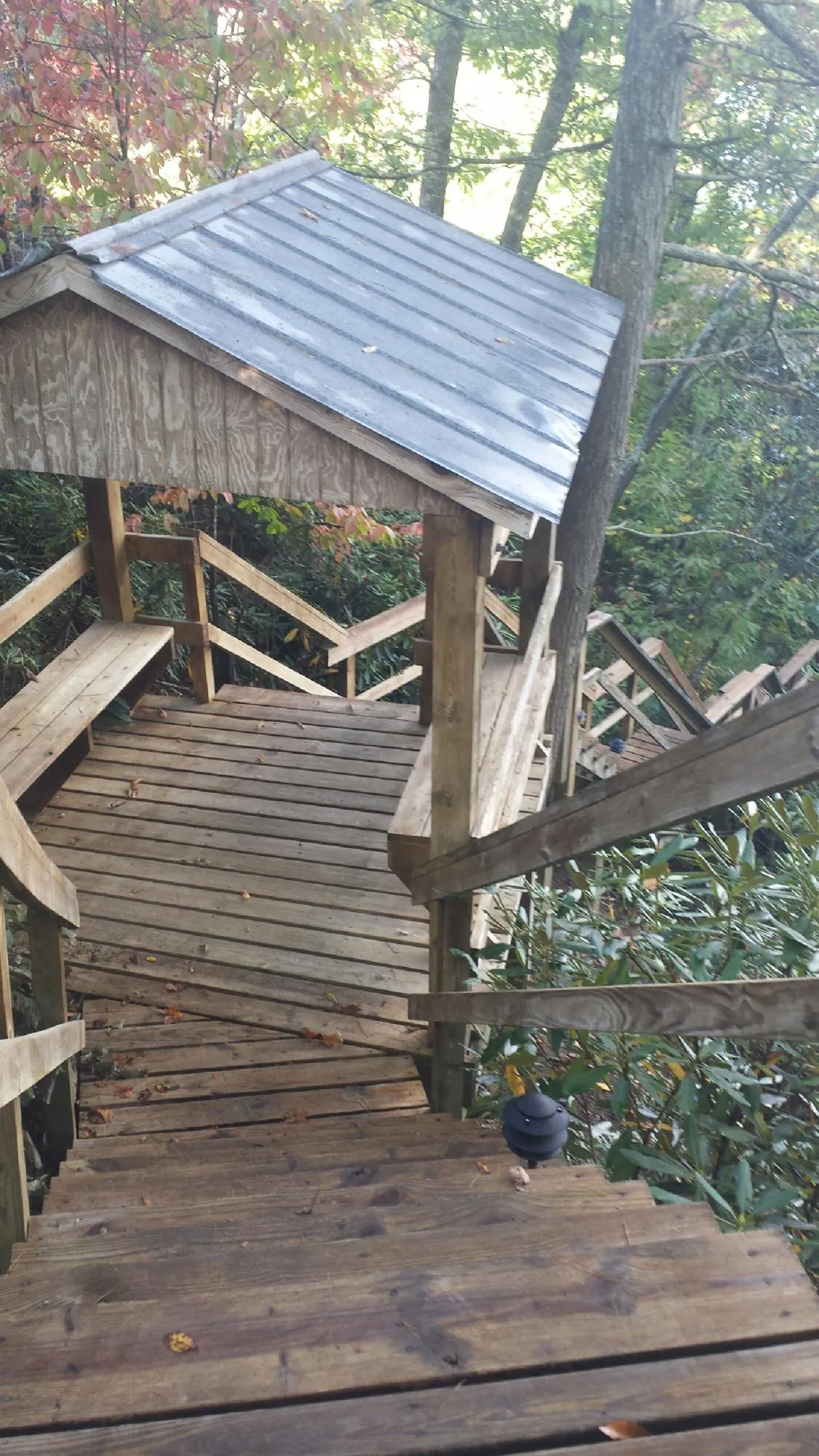 Metal roofed shelter over wooden steps on a wooded walkway — Skylight Repair & Installation work by our crew in Piney Creek